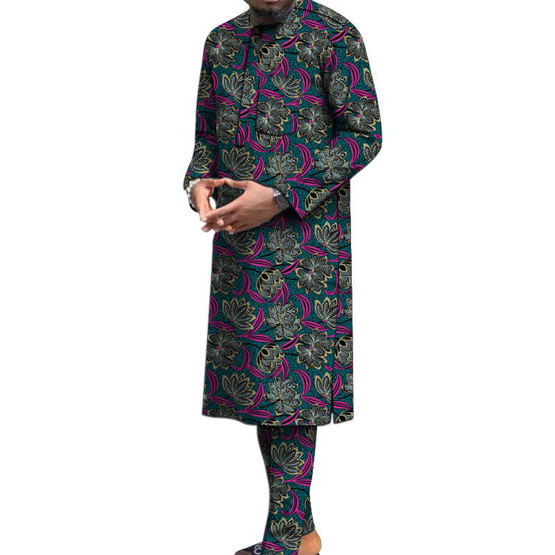 Conjunto de camisa de manga larga y pantalón para hombre con estampado de poliéster nigeriano tradicional africano M