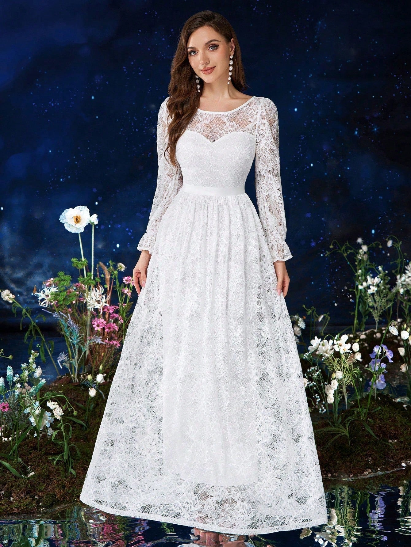 MIUSOL Full Floral Lace White Wedding Formal Maxi Dress image 2
