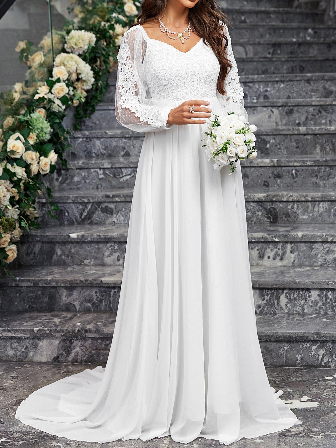 Women'S Wedding Dresses Boho Long Sleeves Romantic White V-Neck Long Sleeve Lac image 5