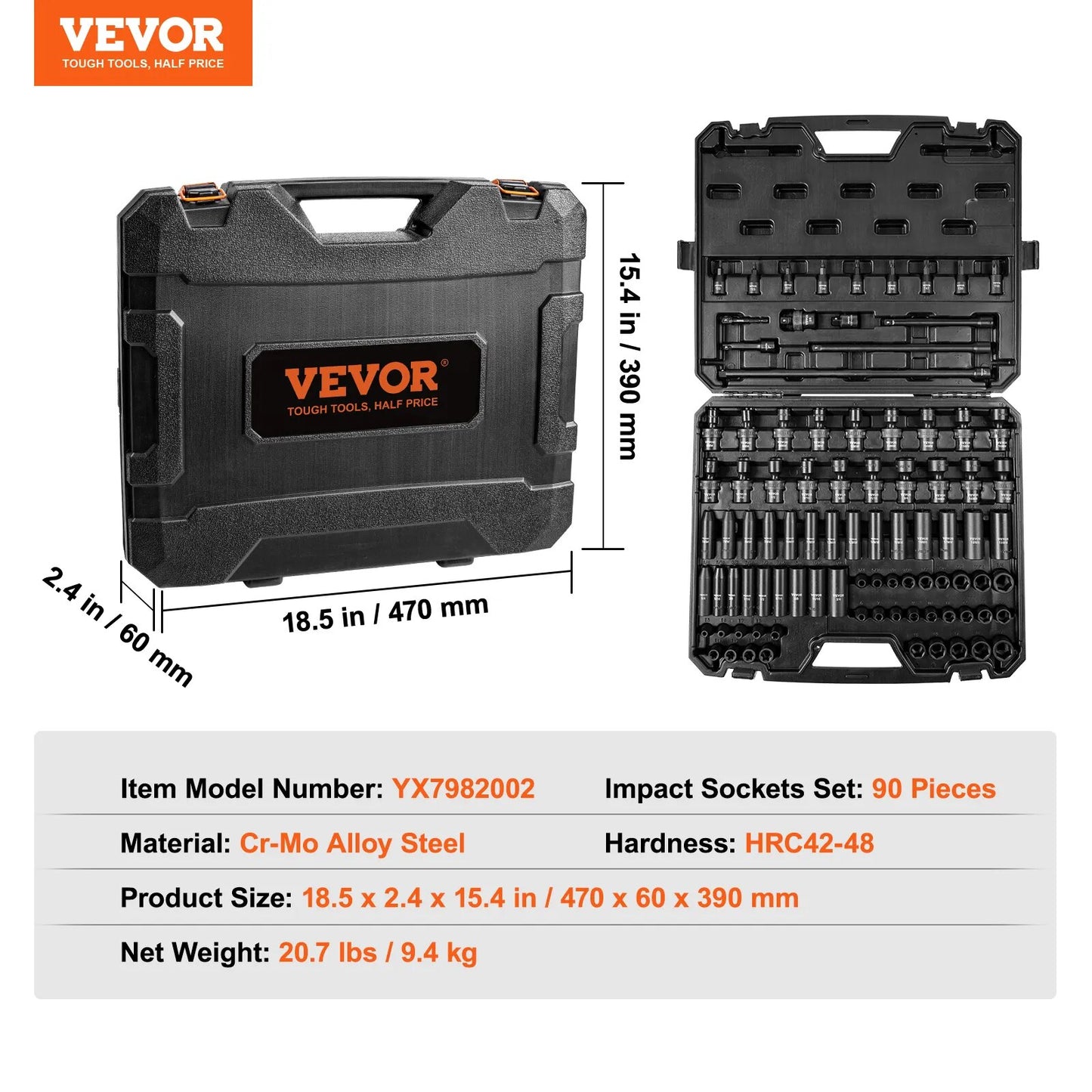 VEVOR 1/2in 3/8in Drive Impact Socket Set SAE or Metric 90 PCs Cr-Mo Socket Set image 2