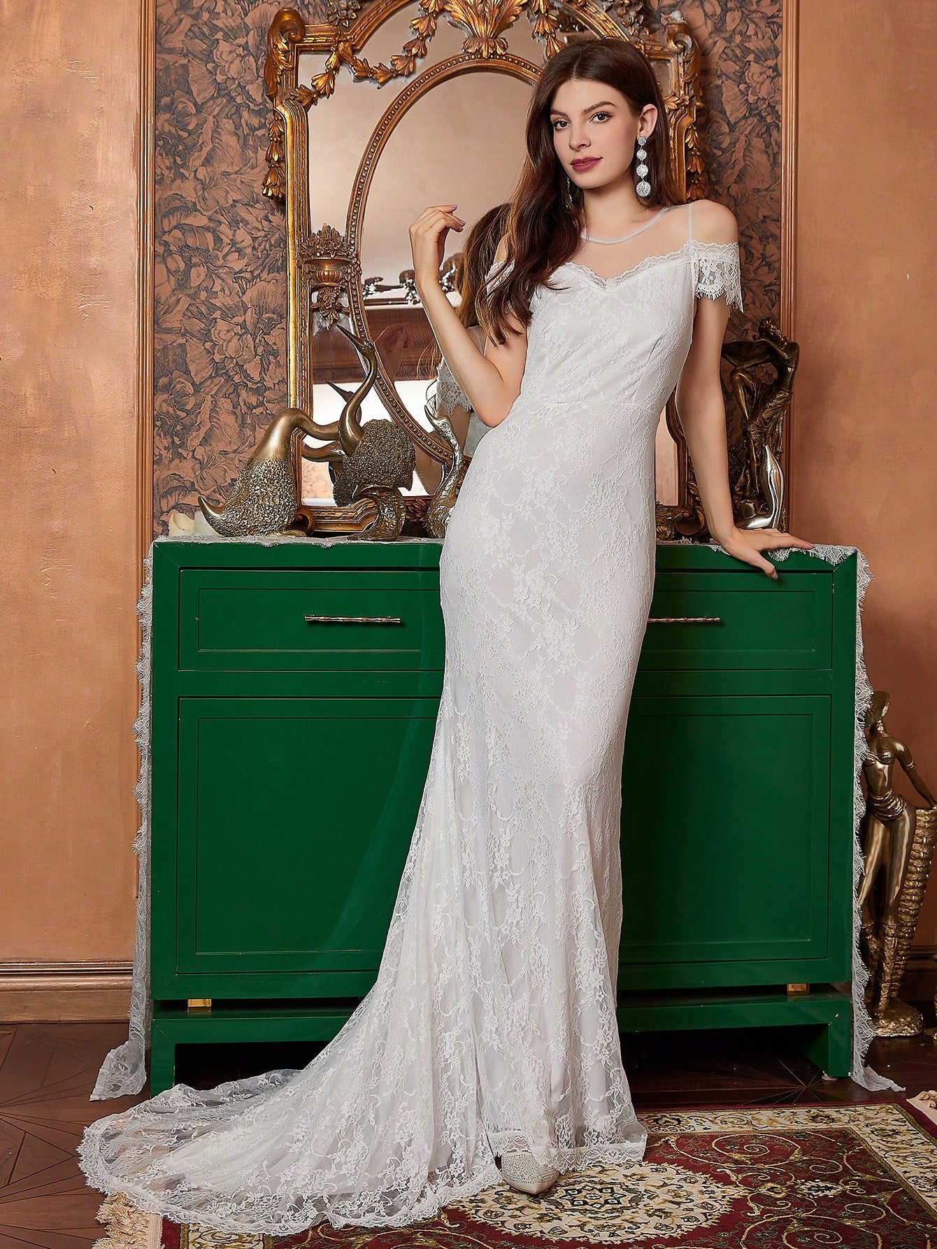 White Mesh Yoke & Lace Mermaid Wedding Dress image 6