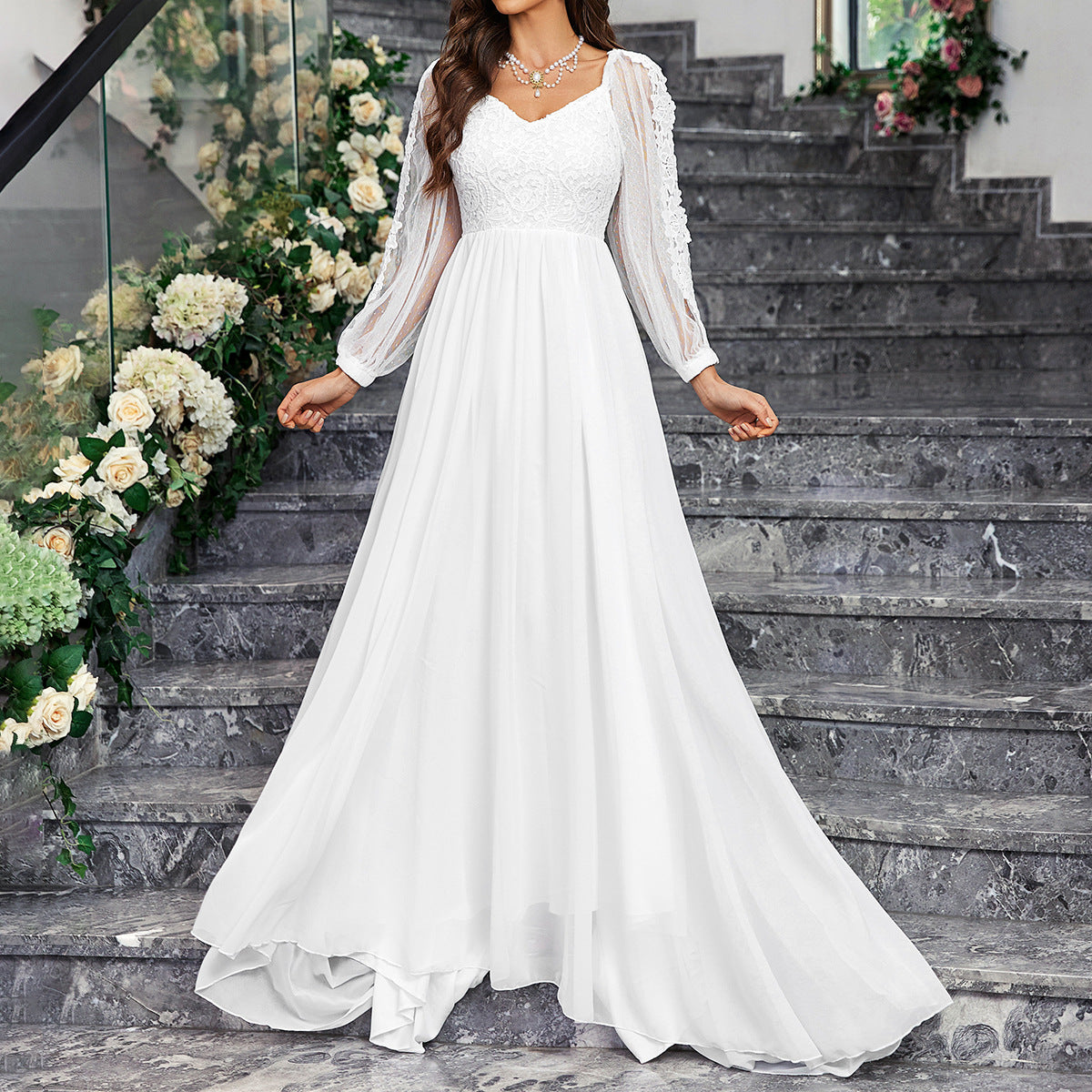 Women'S Wedding Dresses Boho Long Sleeves Romantic White V-Neck Long Sleeve Lac image 2