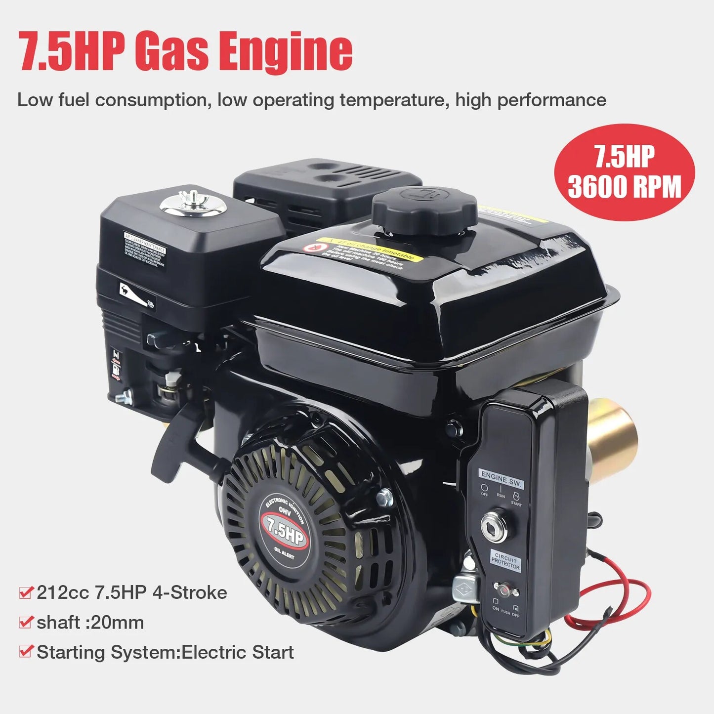 212CC 4-Stroke 7.5 HP Electric Start Horizontal Engine Go Kart Gas Engine Motor image 1