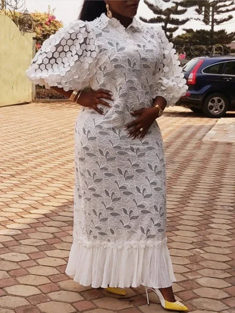 White Lace Dresses for Women Wedding Guests Elegant Turn Down Collar Puff Sleev image 2