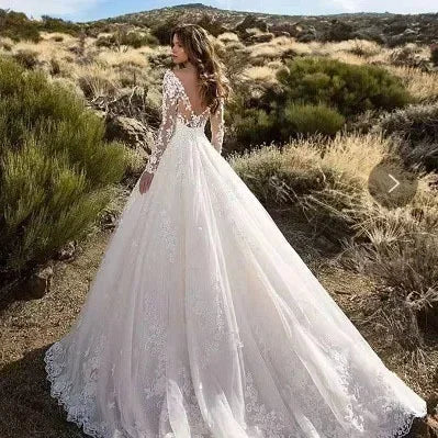 2024 Elegant High Waist Wedding Dress Women Clothing Pure White Long Sleeves Wo image 6