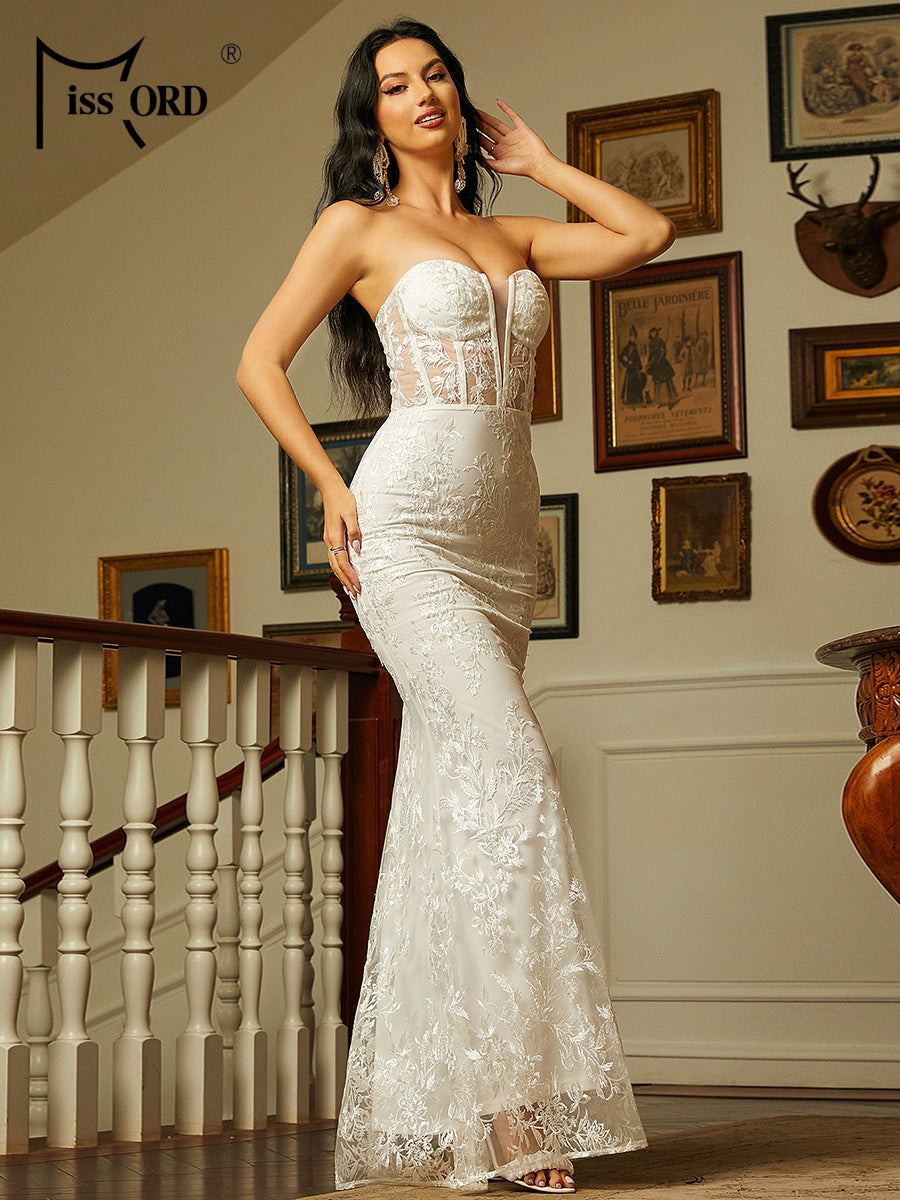 Missord White Lace Wedding Dress Elegant Women Strapless See Throught Bodycon E image 4