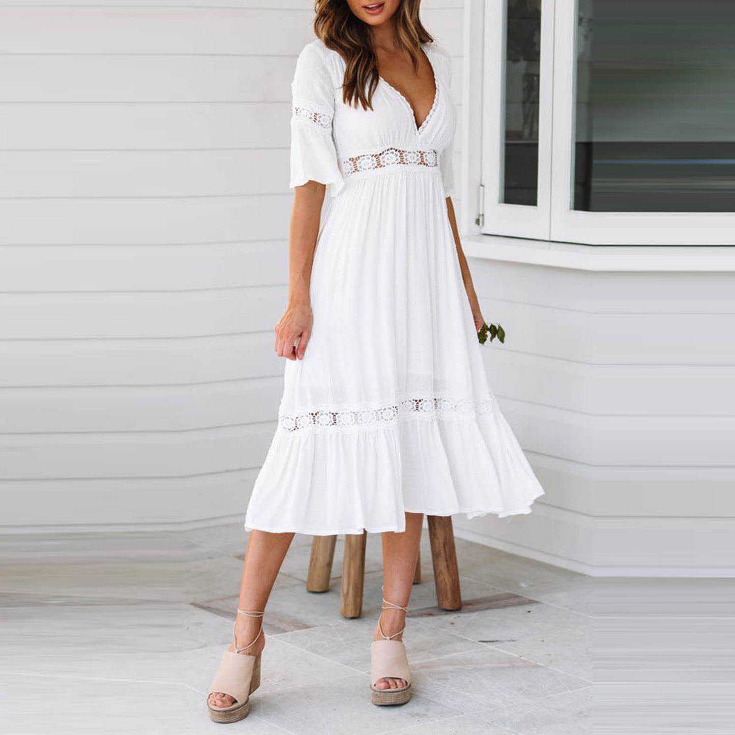 Sexy Deep V Lace White Dress Women Fashion Wedding Party Elegant Dress Summer B image 3