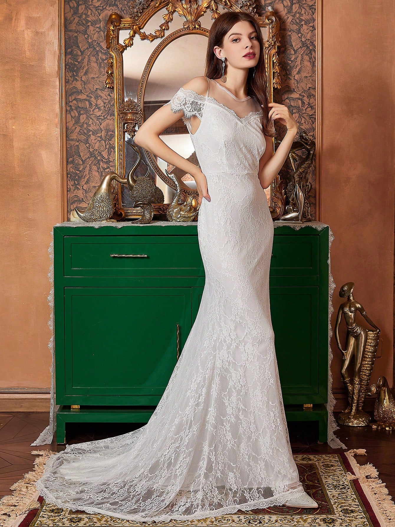 White Mesh Yoke & Lace Mermaid Wedding Dress image 2