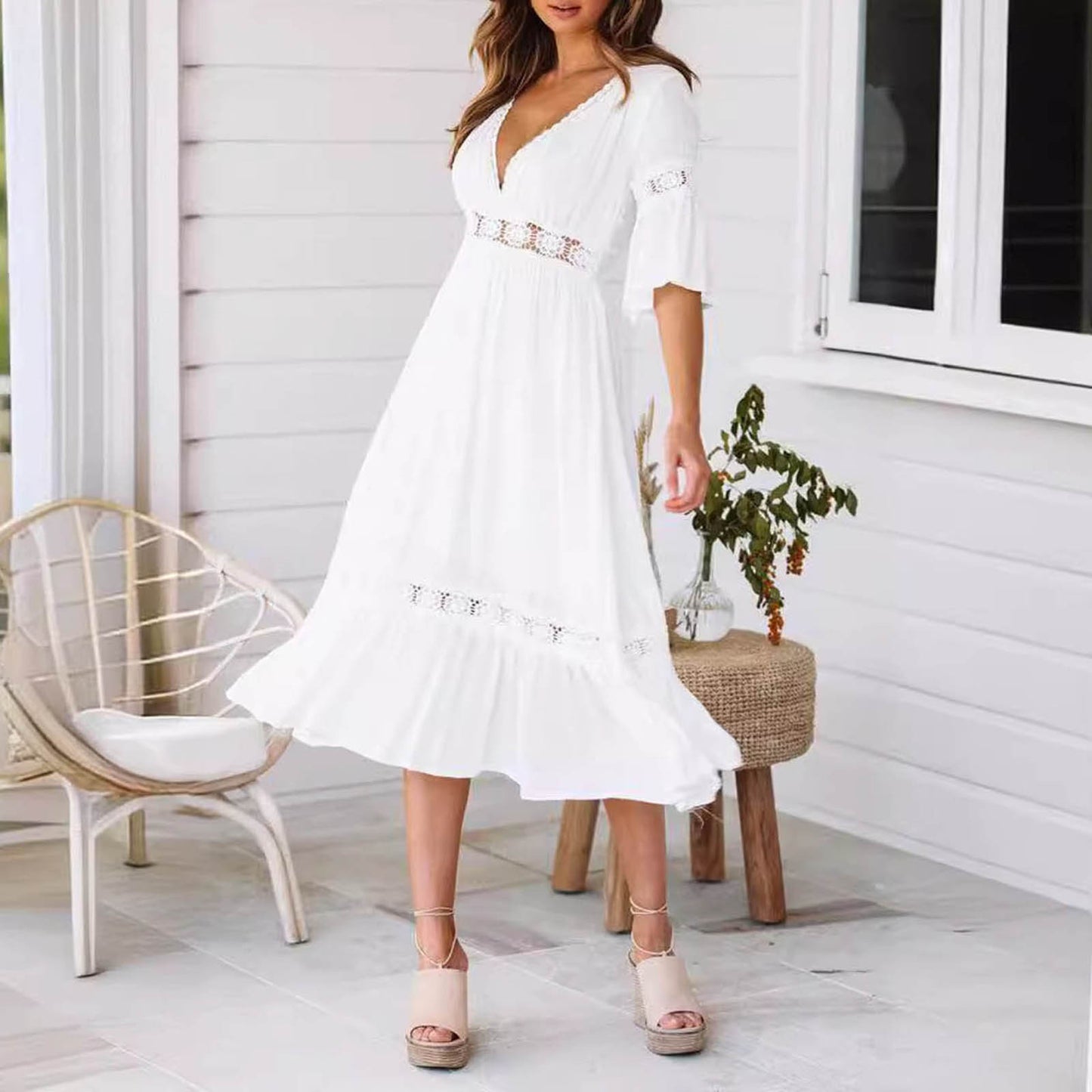 White Deep V Dress 2024 Summer Women Loose Casual Beach Wedding Party Vacation image 0