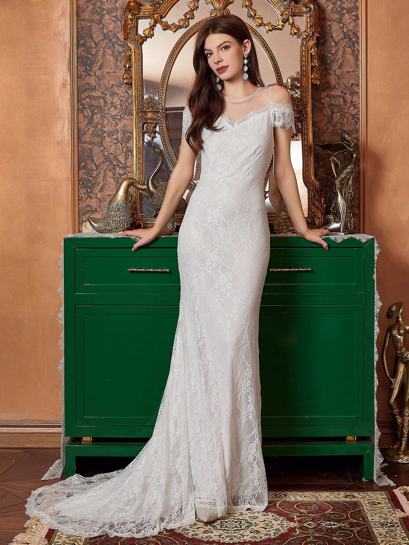 White Mesh Yoke & Lace Mermaid Wedding Dress image 3