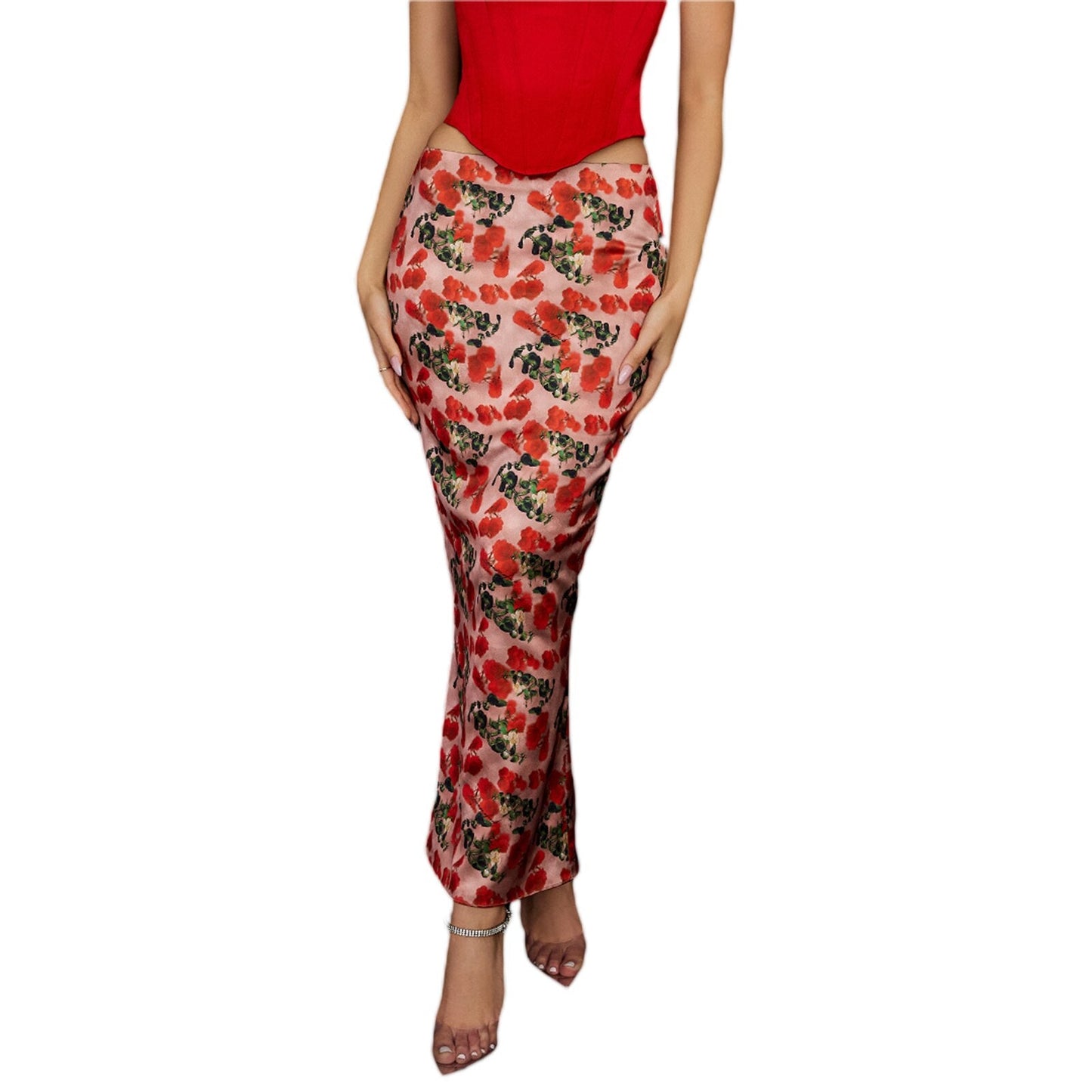 Fashion Women Spring Summer Skinny Skirts Mid Waist Floral Printed Slim Fit Long Skirts