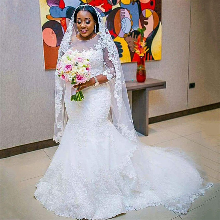 NUOXIFANG White Lace Appliques Mermaid Wedding Dresses With 3/4 Sleeves Wedding image 0