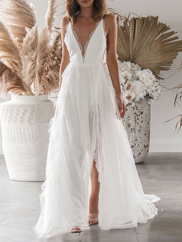 Freeacy 2024 New Women's V-neck Sexy Halter Dress White Split-side Mesh Wedding image 0