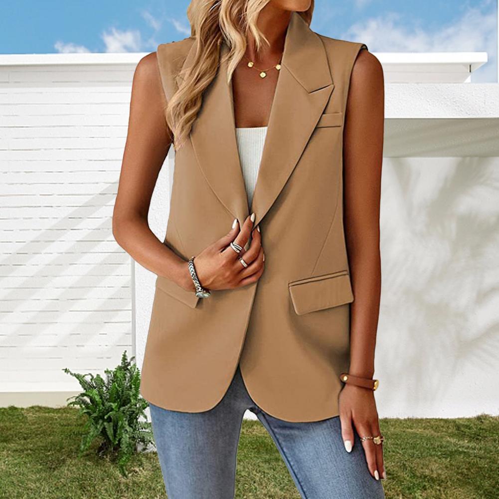 Lady Solid Color Coat Stylish Women's Sleeveless Lapel Single Button Mid Length image 7