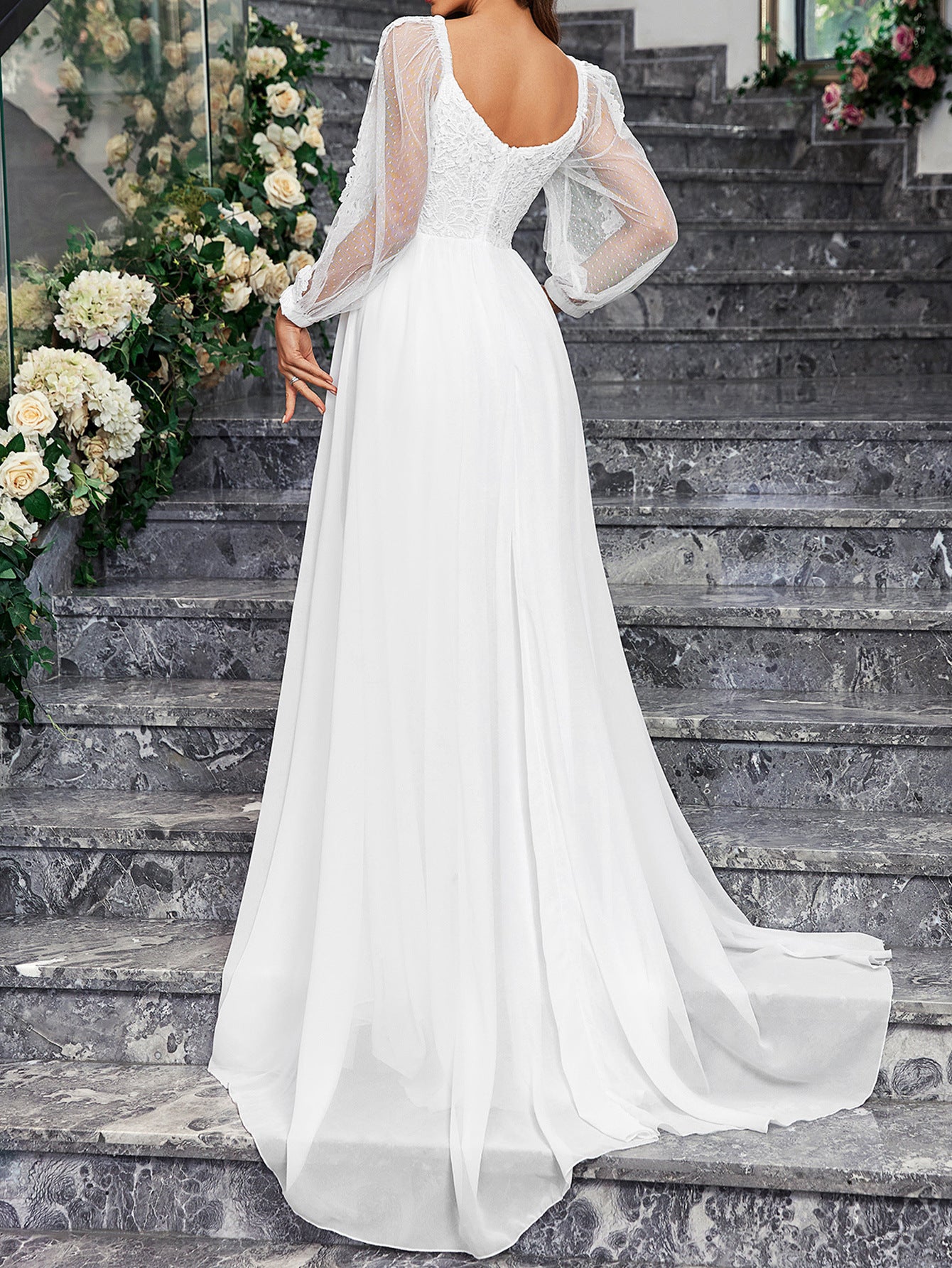 Women'S Wedding Dresses Boho Long Sleeves Romantic White V-Neck Long Sleeve Lac image 0