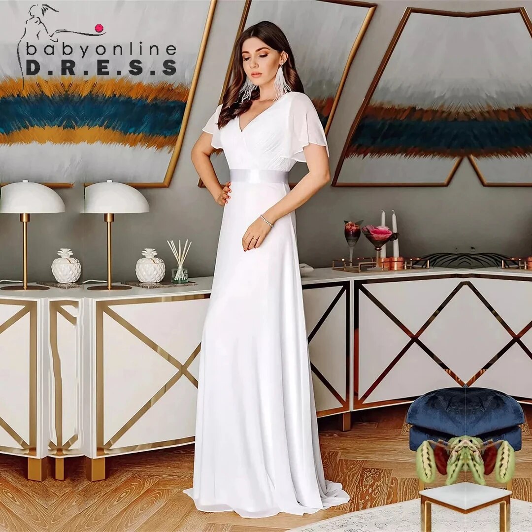 Double V-neck Ruffles White Simple Wedding Dress Short Sleeves Butterfly Design image 5