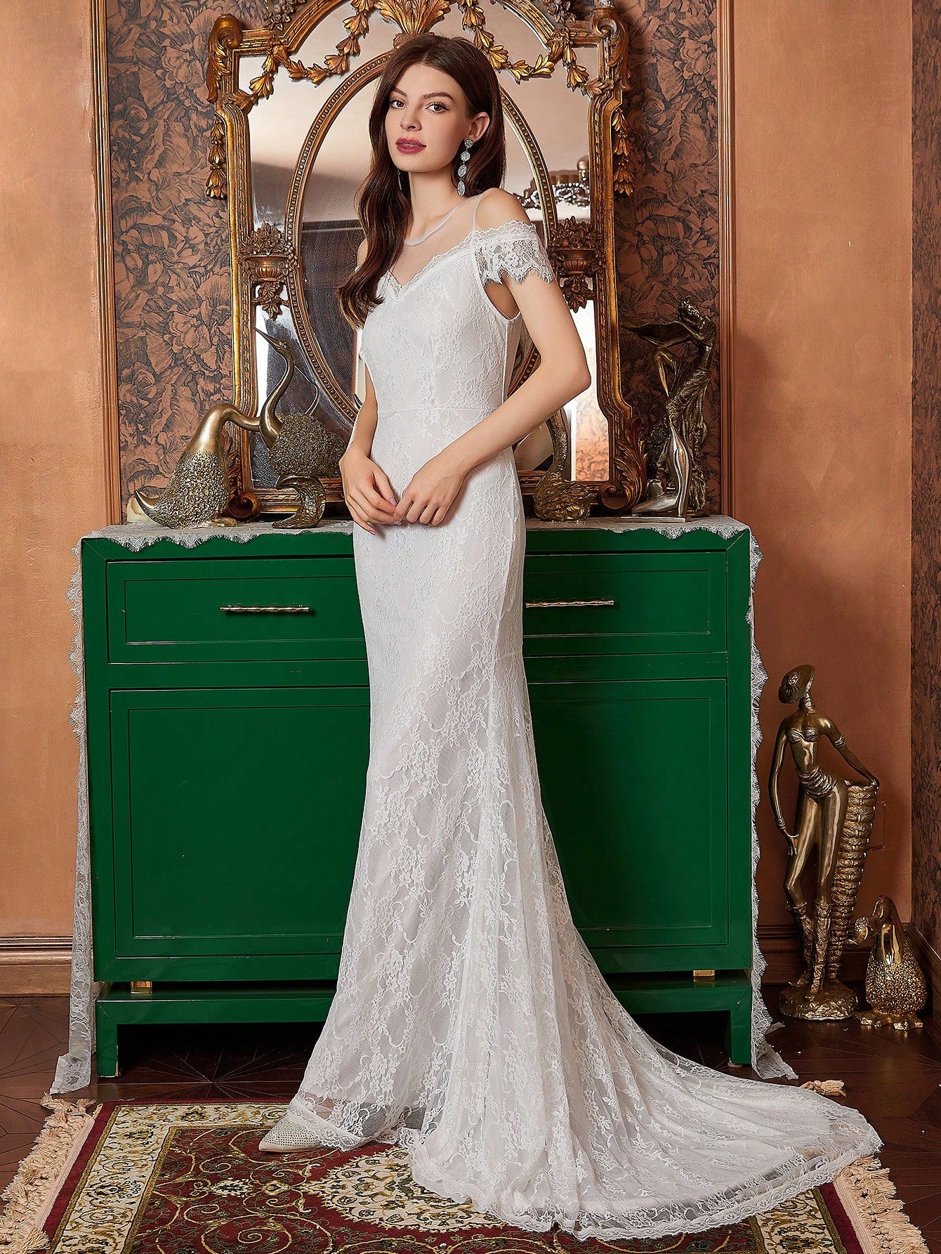 White Mesh Yoke & Lace Mermaid Wedding Dress image 4