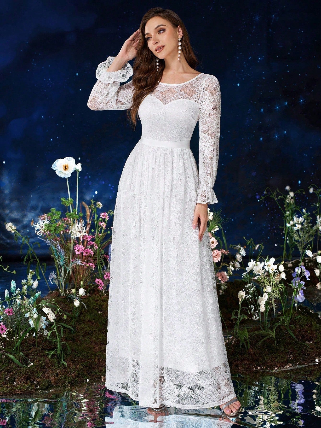 MIUSOL Full Floral Lace White Wedding Formal Maxi Dress image 4