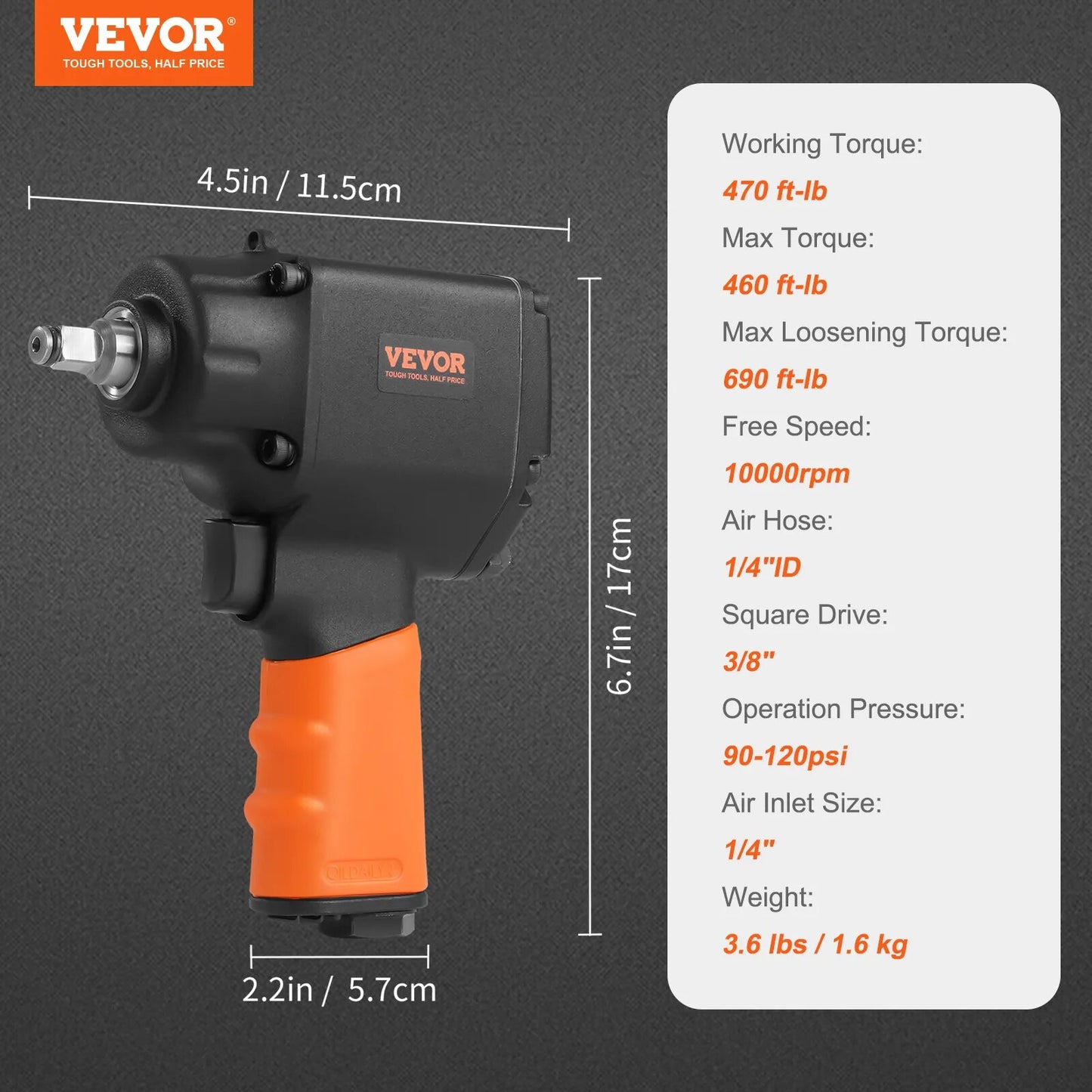 VEVOR Air Impact Wrench 3/8 Inch Square Drive 690ft lbs Pneumatic Impact Gun T image 2