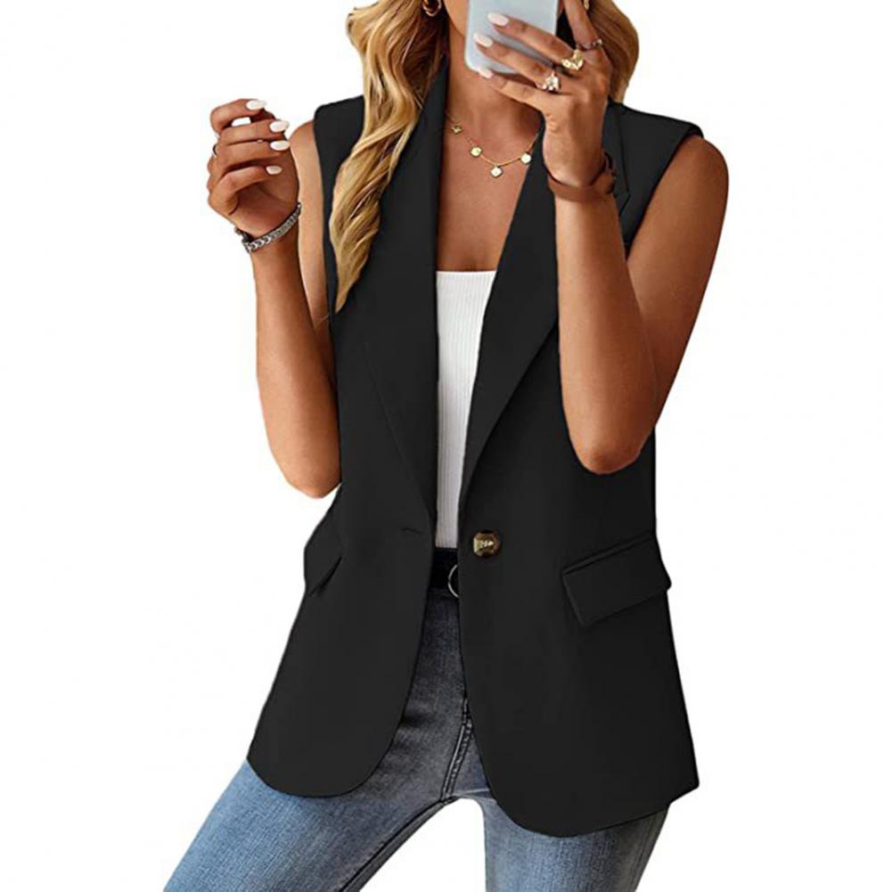 Lady Solid Color Coat Stylish Women's Sleeveless Lapel Single Button Mid Length image 4