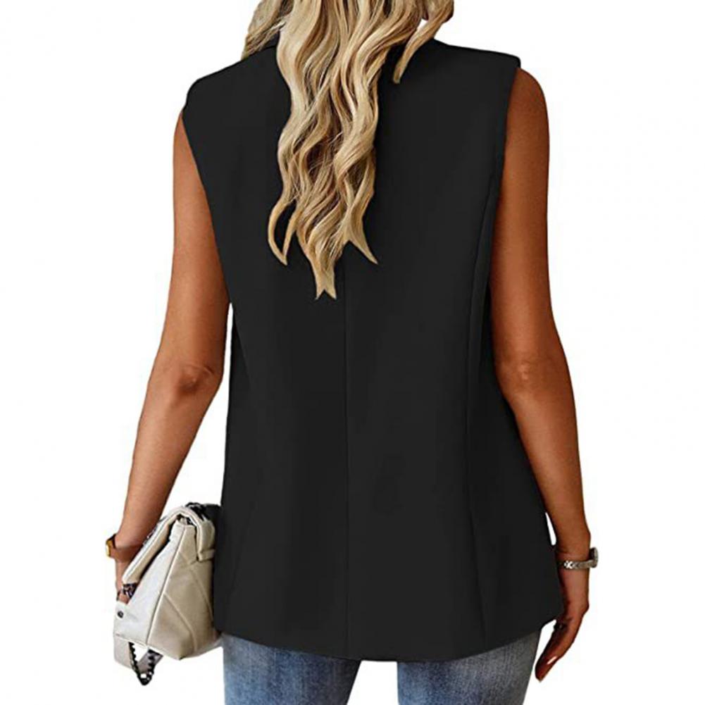 Lady Solid Color Coat Stylish Women's Sleeveless Lapel Single Button Mid Length image 8