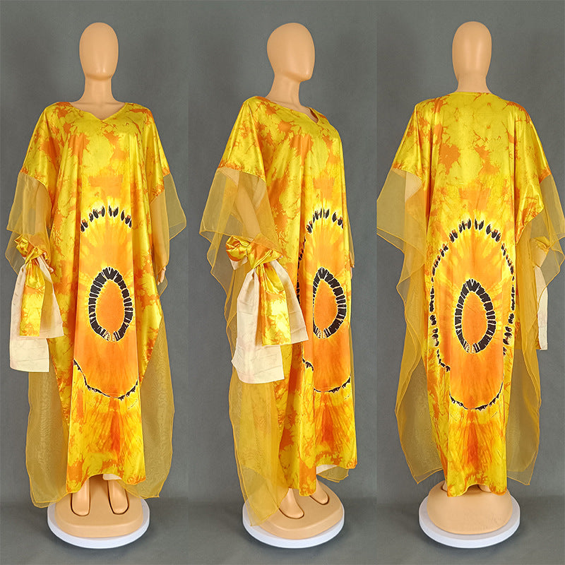 Bohemian Ethnic Kaftan Women African Print Dresses Evening Gown Mesh Party Robe image 2