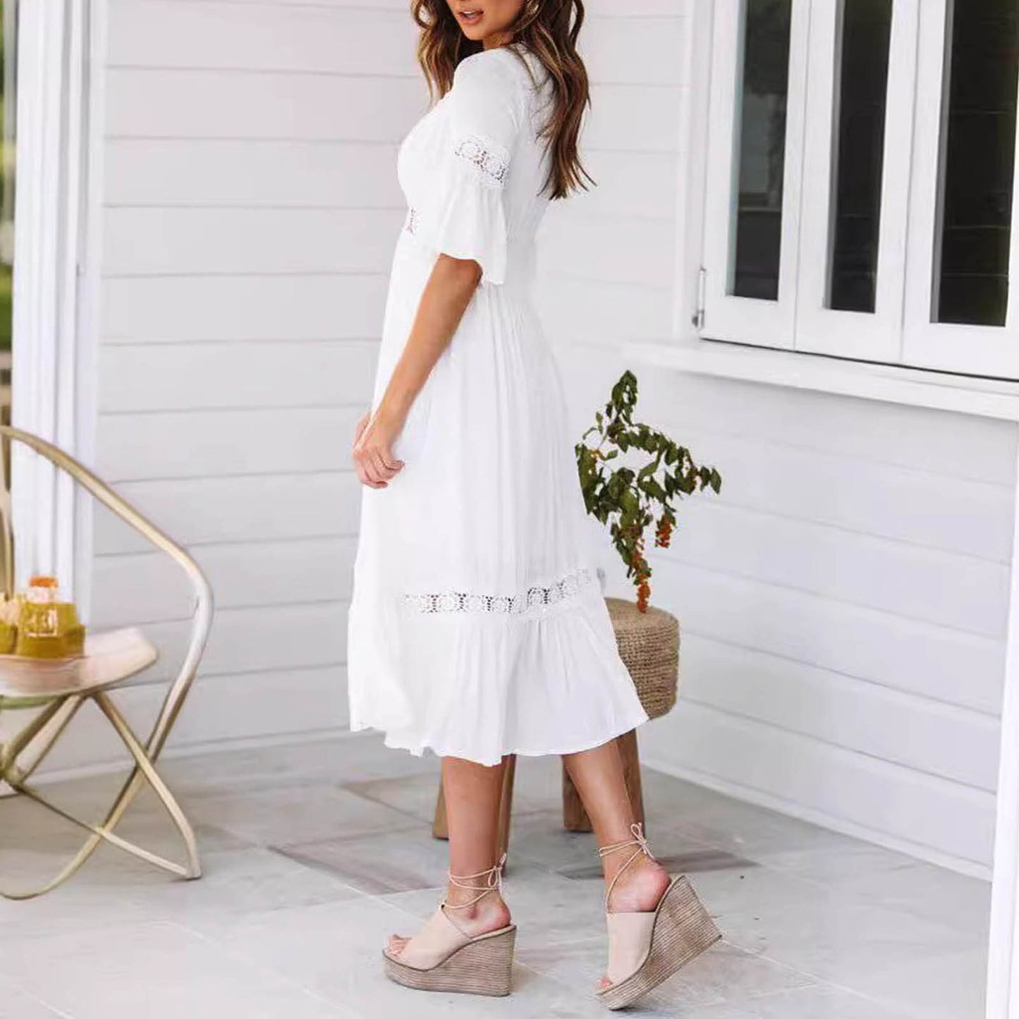 Sexy Deep V Lace White Dress Women Fashion Wedding Party Elegant Dress Summer B image 1