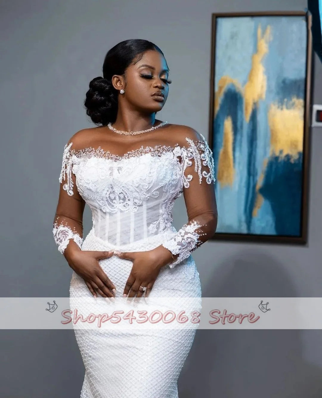 African White Mermaid Wedding Dresses Women Elegant Sheer Long Sleeved Bridal G image 1