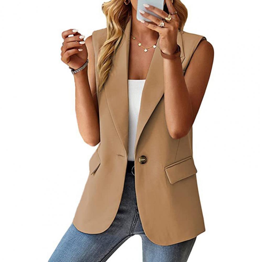 Lady Solid Color Coat Stylish Women's Sleeveless Lapel Single Button Mid Length image 1