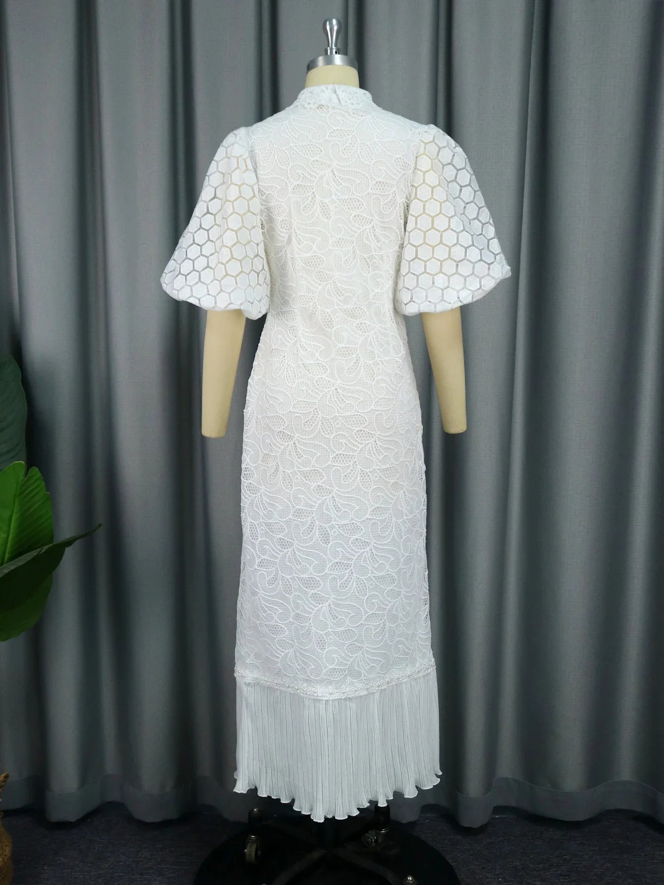 White Lace Dresses for Women Wedding Guests Elegant Turn Down Collar Puff Sleev image 4