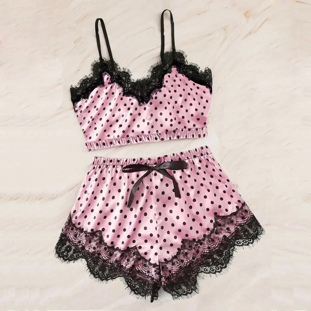 Women Cute Lace Pajamas Set Silk Satin Sleepwear Summer V-neck Sleeveless Pijam image 3