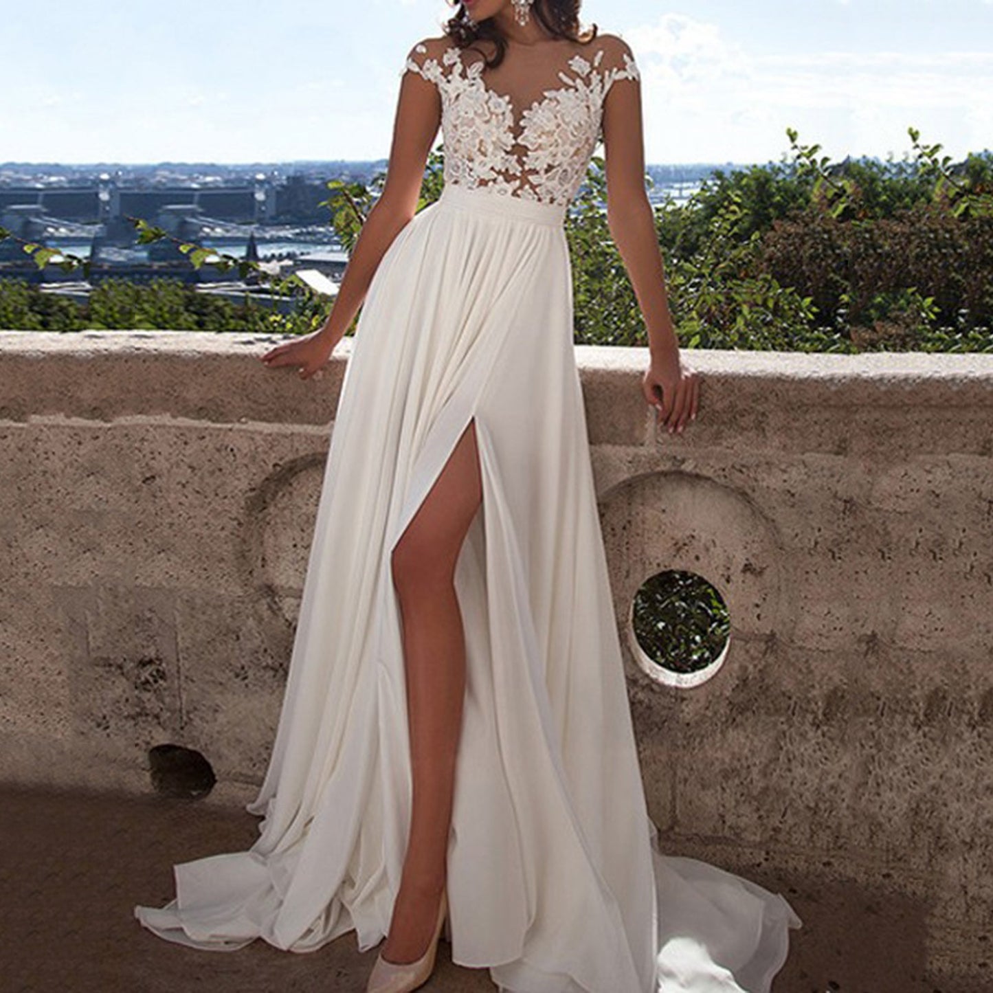 Elegant Women Wedding Party Long Dress Sexy Lace Chiffon V-Neck White Dress Hol image 4