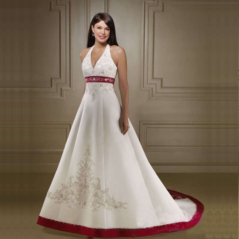 2021 White Ivory and Royal Blue A Line Wedding Dress Halter Neck Embroidery bea image 0