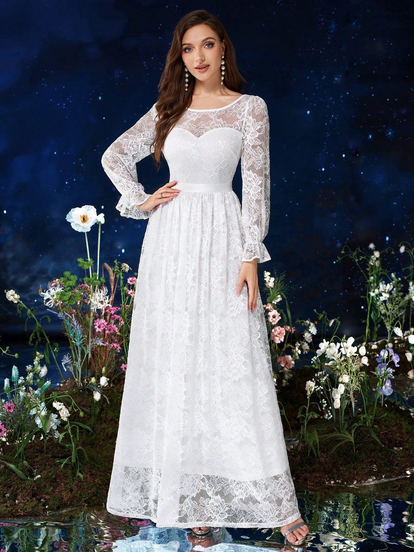 MIUSOL Full Floral Lace White Wedding Formal Maxi Dress image 3