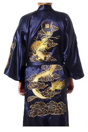 Venta caliente bata de baño de satén de seda azul chino para hombres bordado vestido de kimono vintage