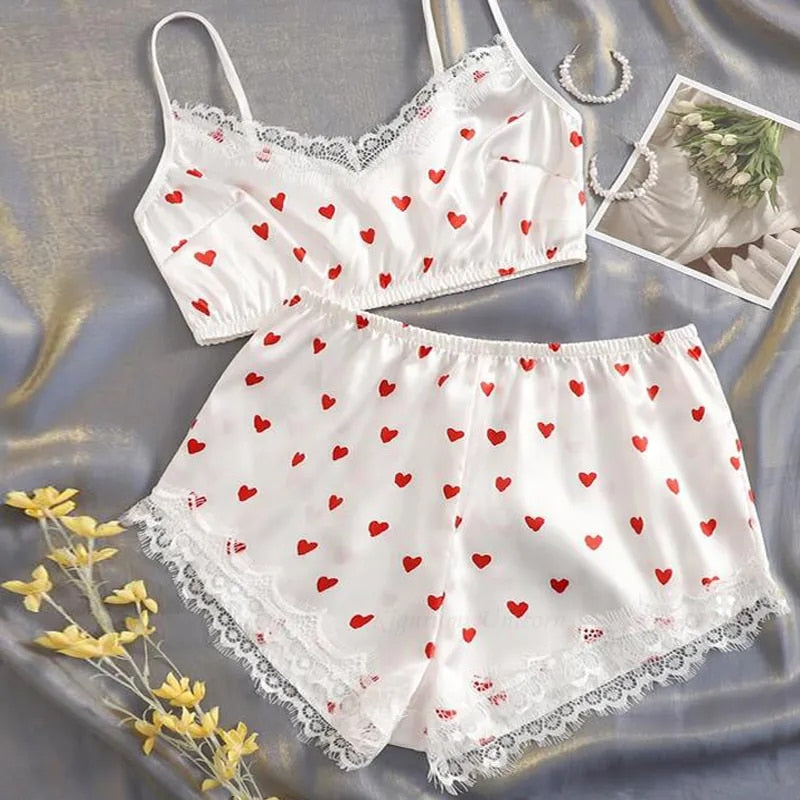Women Cute Lace Pajamas Set Silk Satin Sleepwear Summer V-neck Sleeveless Pijam image 1