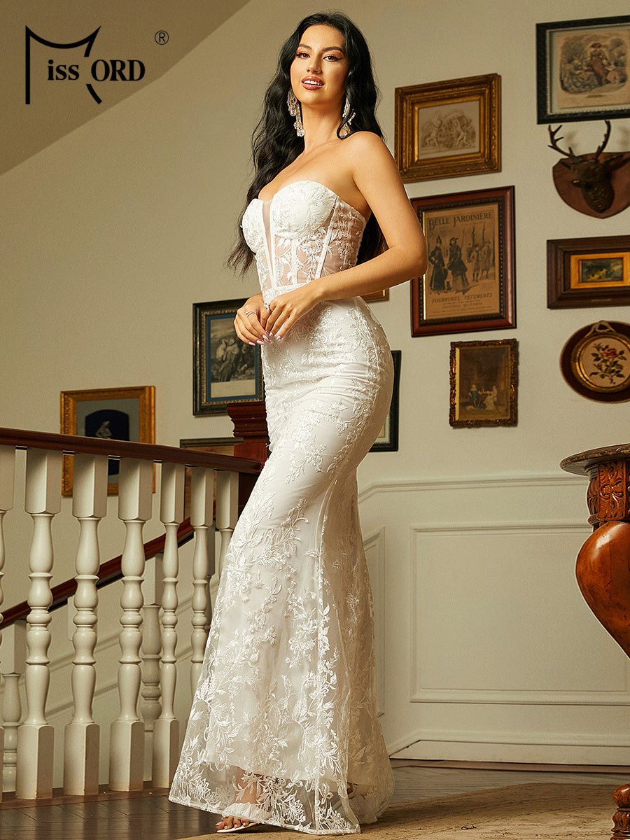 Missord White Lace Wedding Dress Elegant Women Strapless See Throught Bodycon E image 5