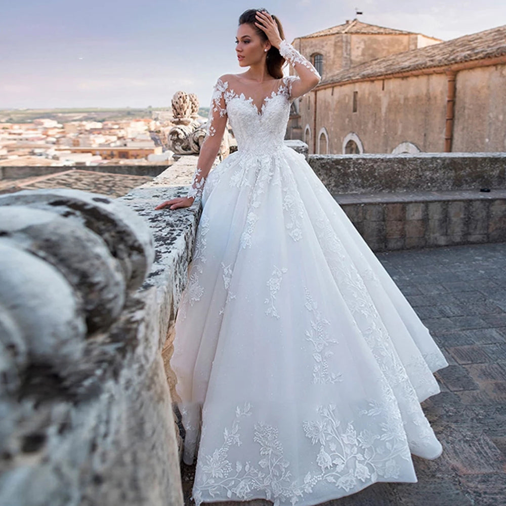 Elegant Wedding Dresses 2023 Illusion Long Sleeve White Ivory Applique Lace Lad image 2