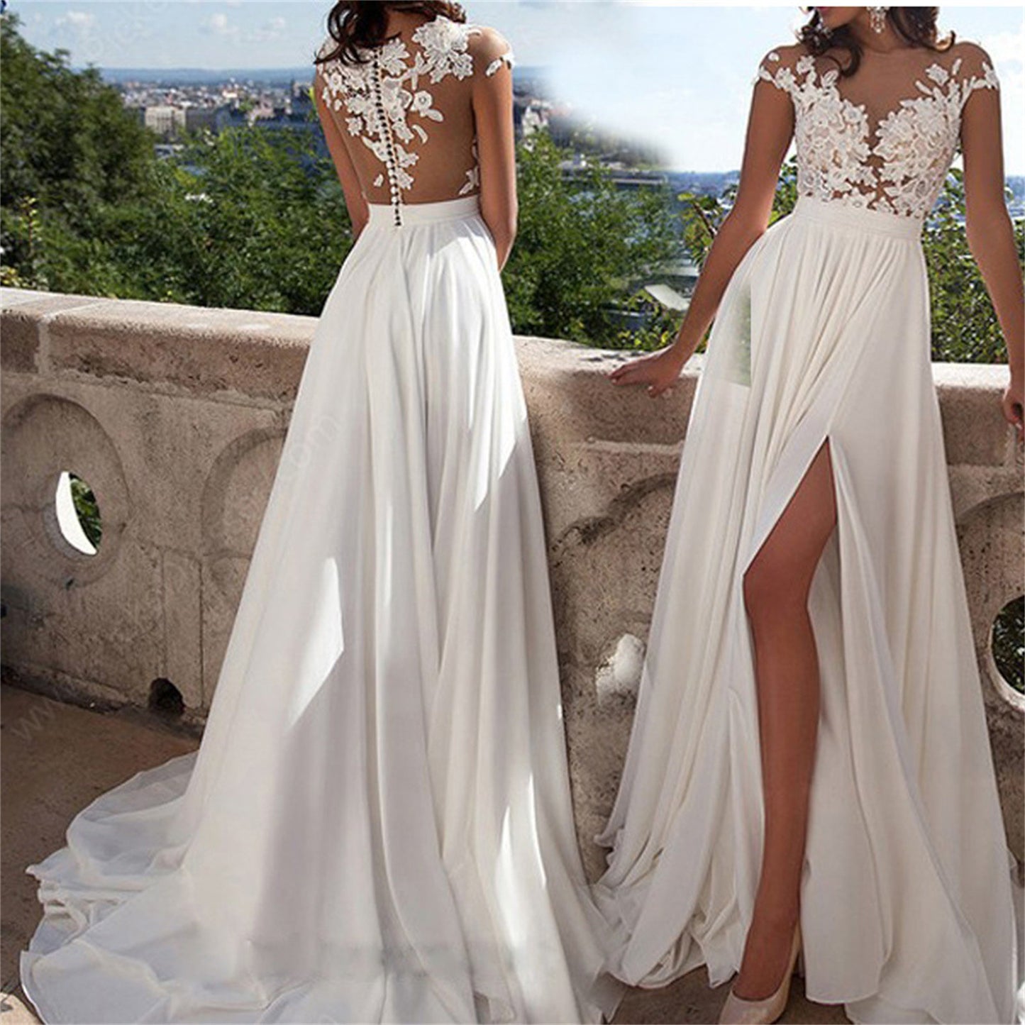 Elegant Women Wedding Party Long Dress Sexy Lace Chiffon V-Neck White Dress Hol image 0