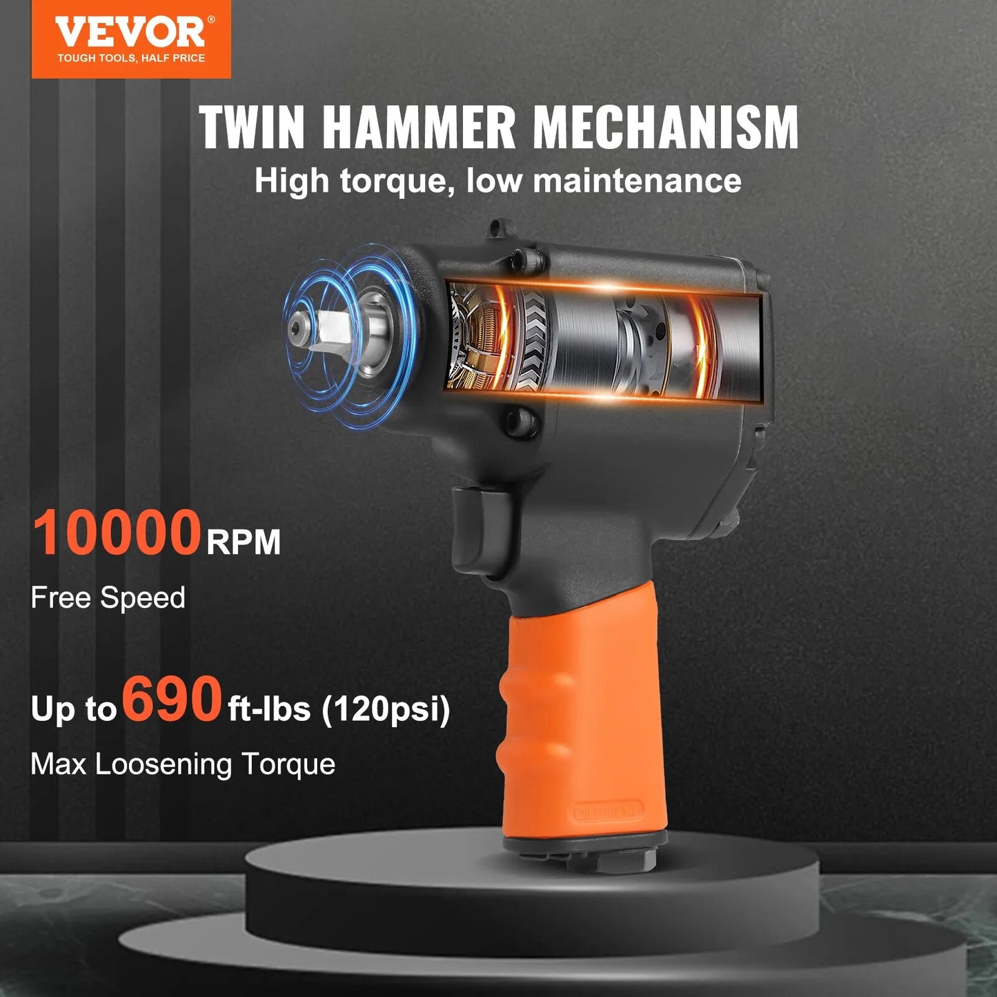 VEVOR Air Impact Wrench 3/8 Inch Square Drive 690ft lbs Pneumatic Impact Gun T image 3