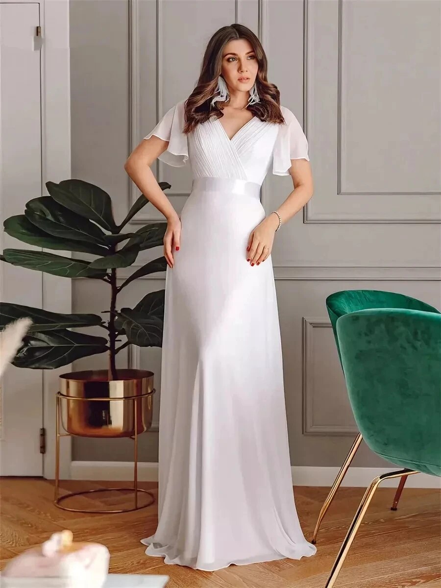 Double V-neck Ruffles White Simple Wedding Dress Short Sleeves Butterfly Design image 1