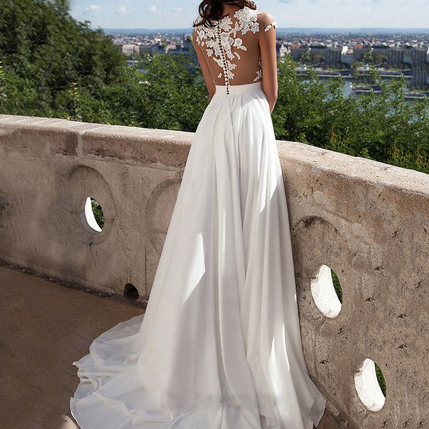 Elegant Women Wedding Party Long Dress Sexy Lace Chiffon V-Neck White Dress Hol image 3