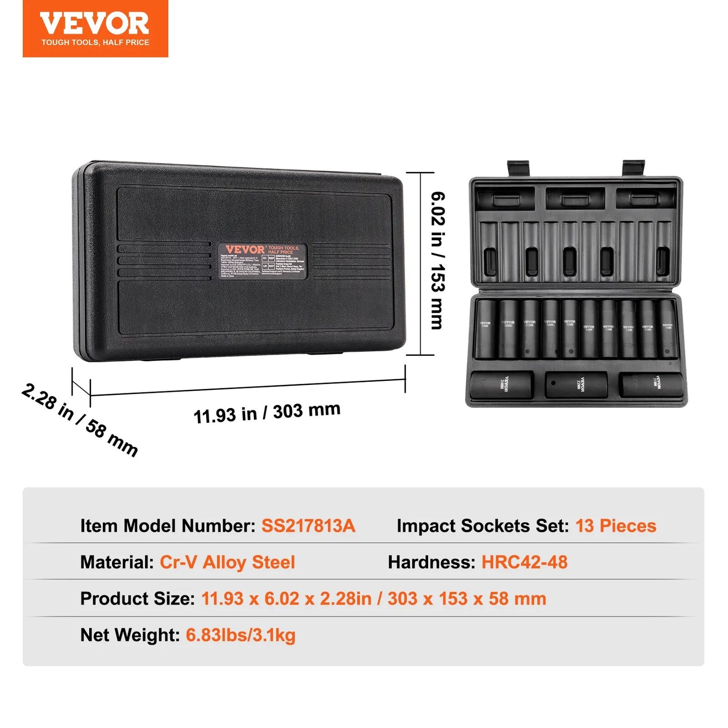 VEVOR 1/2in 3/8in Drive Impact Socket Set SAE or Metric 90 PCs Cr-Mo Socket Set image 1