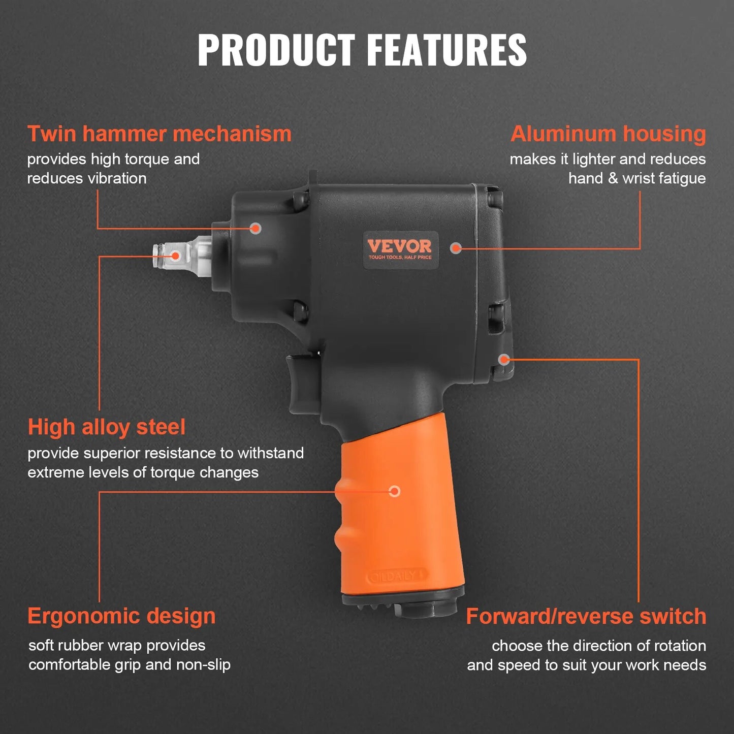 VEVOR Air Impact Wrench 3/8 Inch Square Drive 690ft lbs Pneumatic Impact Gun T image 6