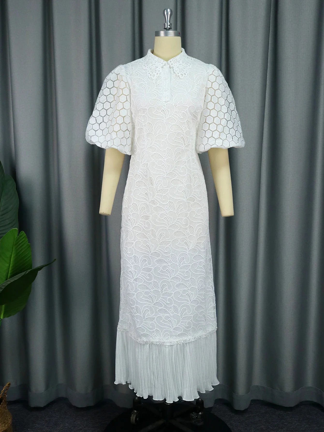 White Lace Dresses for Women Wedding Guests Elegant Turn Down Collar Puff Sleev image 1