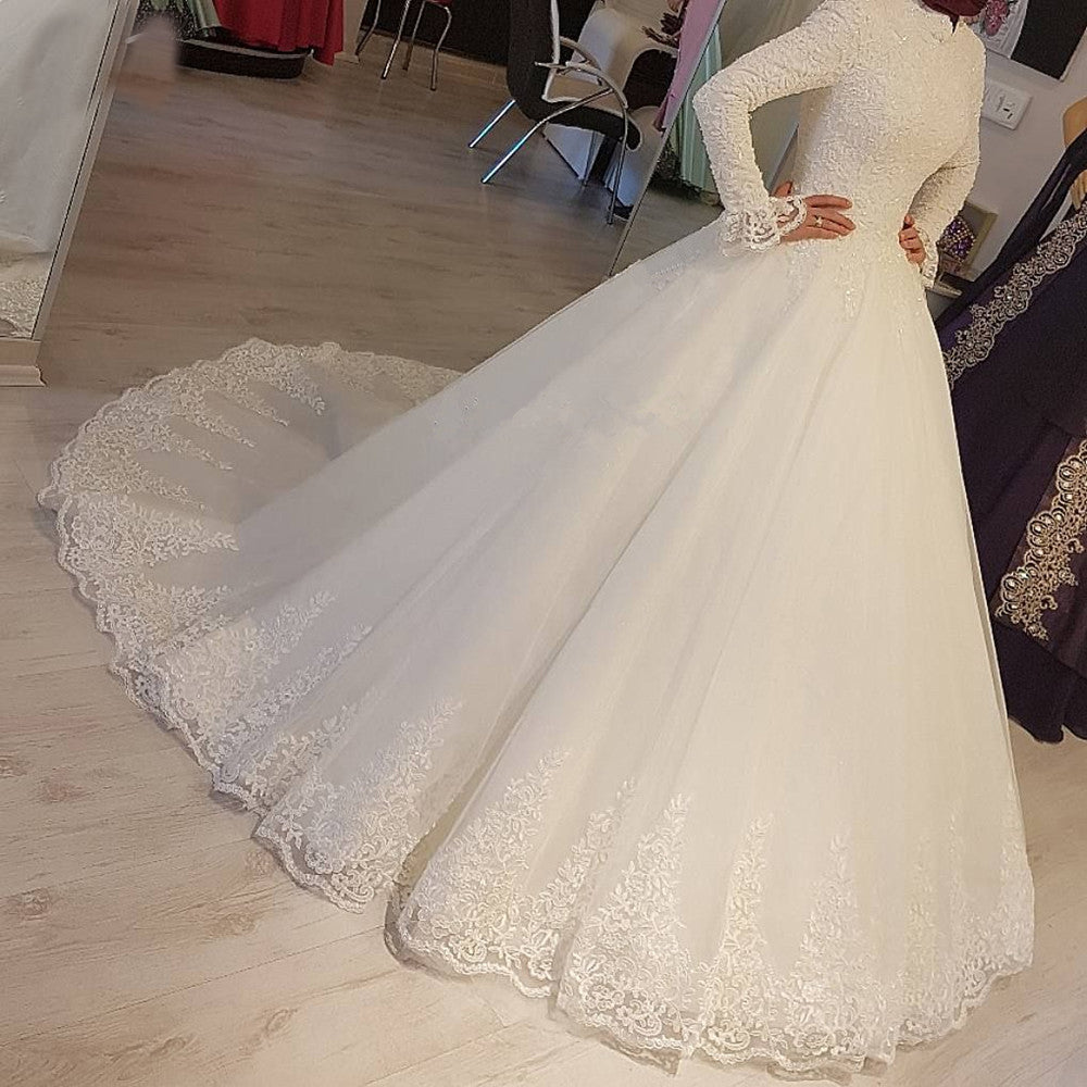 2023 White Arabic Muslim Wedding Dresses Princess High Neck Long Sleeves Lace A image 0