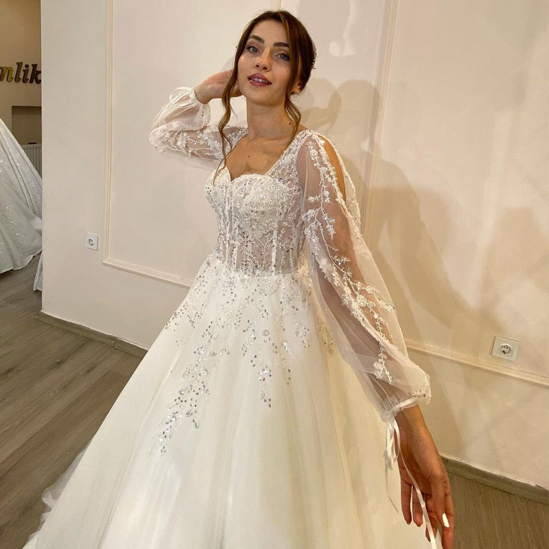Eightree White Wedding Dresses Sweetheart Appliques Bridal Dress 2022 Puff Slee image 1