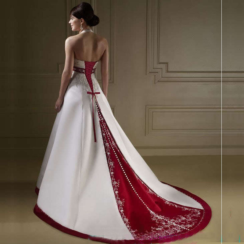 2021 White Ivory and Royal Blue A Line Wedding Dress Halter Neck Embroidery bea image 2