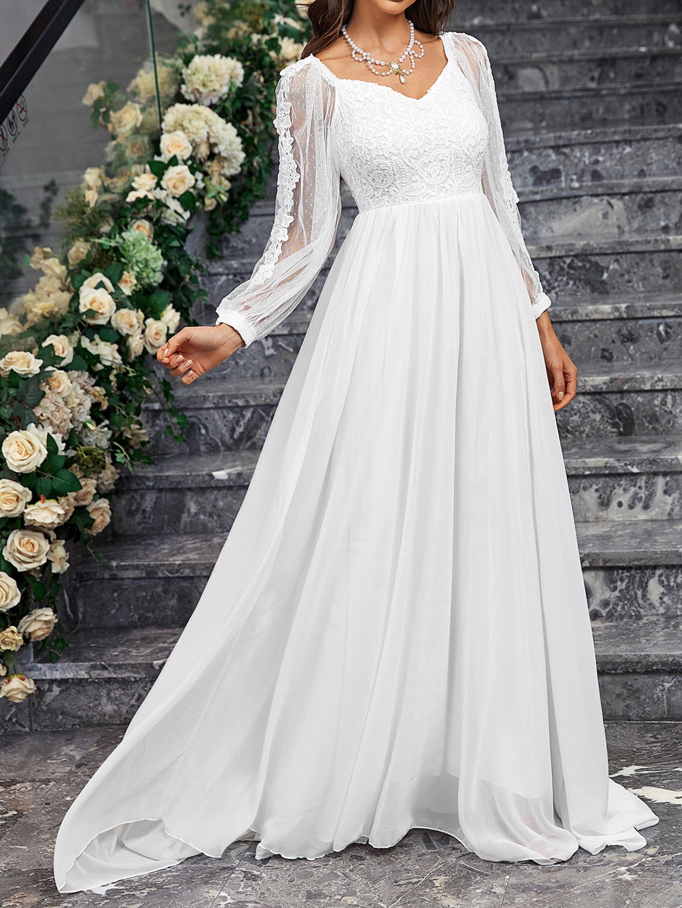 Women'S Wedding Dresses Boho Long Sleeves Romantic White V-Neck Long Sleeve Lac image 4