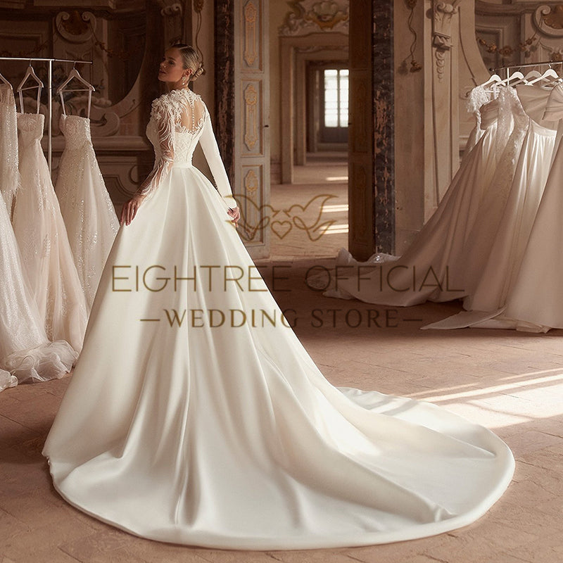 Eightree Formal Mermaid Wedding Dresses White Long Sleeve Appliques Satin Weddi image 0
